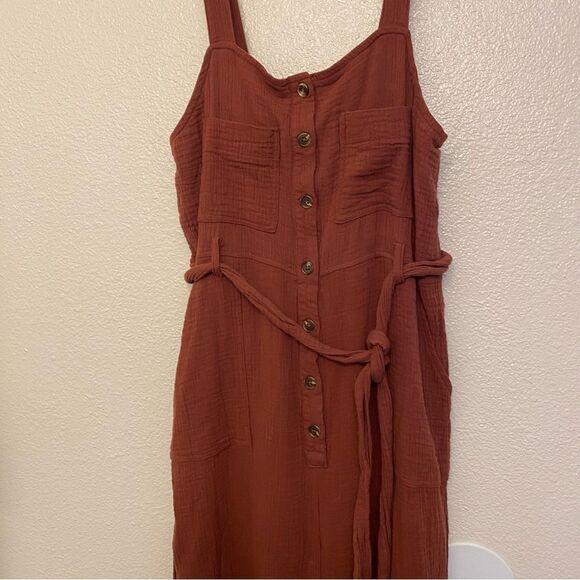 Orange Lagenlook cotton gauze muslin wide leg jumpsuit beltvbutton pocket L - Picture 2 of 13